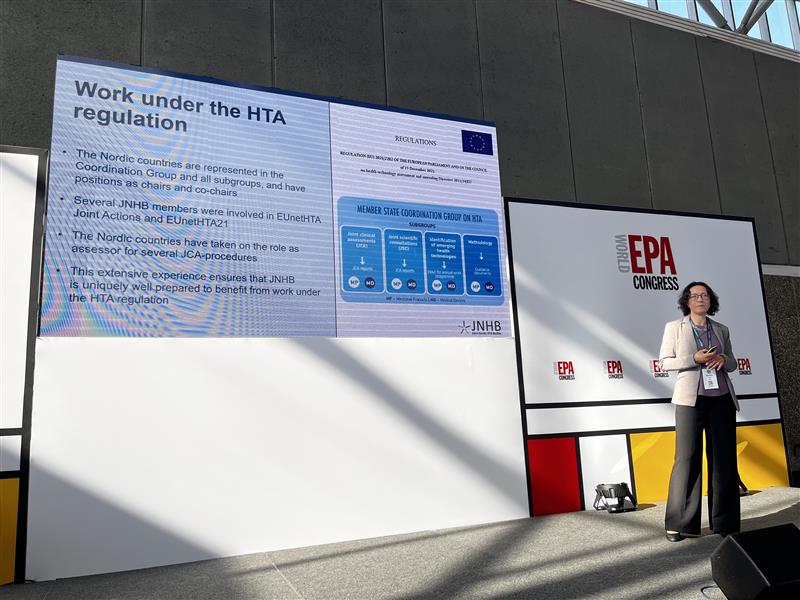 Maria Eriksson, medical assessor at Sweden's Dental and Pharmaceutical Benefits Agency (TLV), presenting at EPA Congress